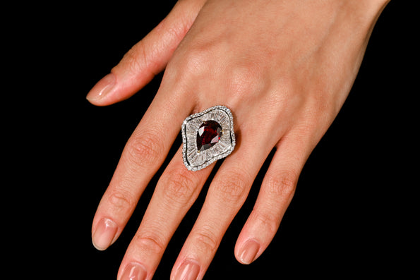 5.3 Carat Pear Cut Ruby & Baguette Diamond Ballerina White Gold Ring