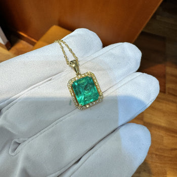 5.42 Carat Natural Emerald Pendant Necklace with Yellow Diamond Halo in 18k Gold – Assay Jewelers