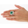 6.26 Carat Emerald Cut Emerald with Trillion and Round Cut Diamond Side Stone Ring in 18K White, Yellow Gold