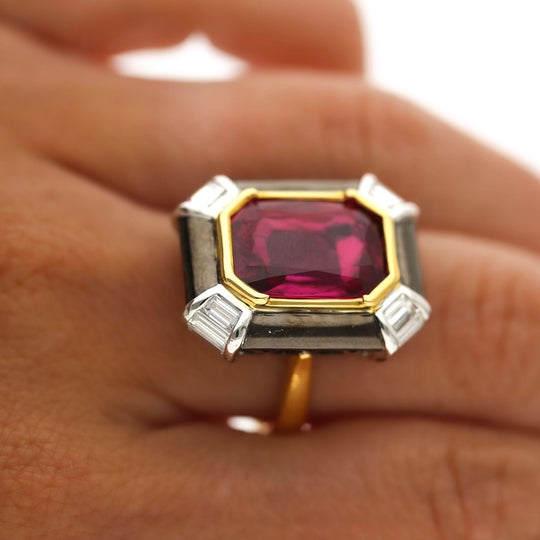 6.94 Carat Emerald Cut Ruby & Diamond 18K Black Bezel Gold Ring