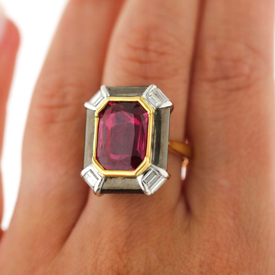 6.94 Carat Emerald Cut Ruby & Diamond 18K Black Bezel Gold Ring