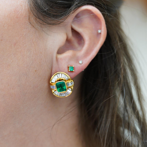 7 Carat Emerald & Baguette Diamond 18K Gold Ballerina Statement Earrings