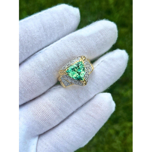 7 Carat Trilliant Cut Watermelon Green Tourmaline with Diamond Sides in 18K Gold 2 Tone Ring