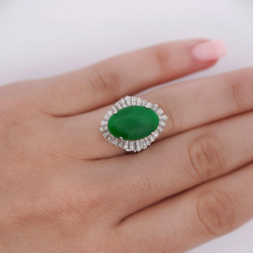 7.50 Carat Untreated Oval Green Jadeite with Baguette Diamonds in Platinum Ring