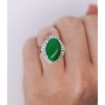 7.50 Carat Untreated Oval Green Jadeite with Baguette Diamonds in Platinum Ring – Assay Jewelers