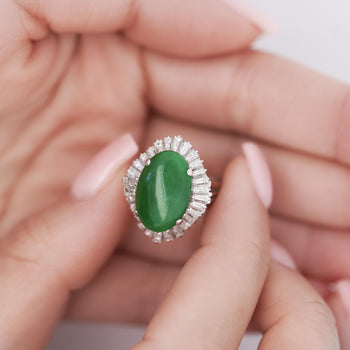 7.50 Carat Untreated Oval Green Jadeite with Baguette Diamonds in Platinum Ring – Assay Jewelers