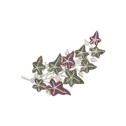 7.8 CTTW Green Tsavorite, Pink Sapphire and Diamond Leafy Vine Brooch