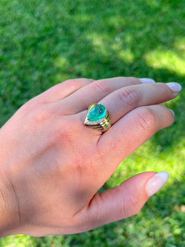 7.81 Carat Pear Shaped Cabochon Emerald & Diamond in 18K Yellow Gold Ring