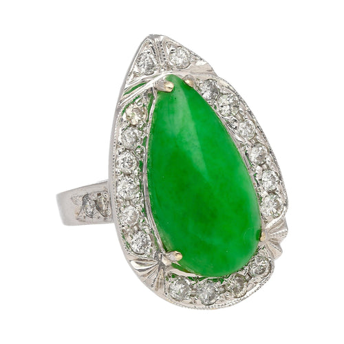 7.88 Carat Jade and Diamond Halo Ring in 18k White Gold