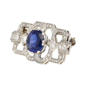 8.64 Carat AGL Certified Ceylon Cushion Cut Blue Sapphire and Diamond Brooch Pin – Assay Jewelers