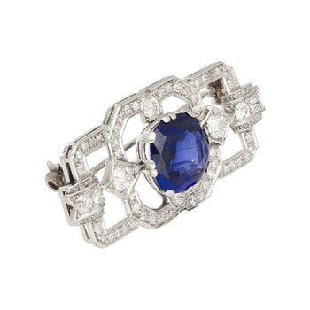 8.64 Carat AGL Certified Ceylon Cushion Cut Blue Sapphire and Diamond Brooch Pin – Assay Jewelers