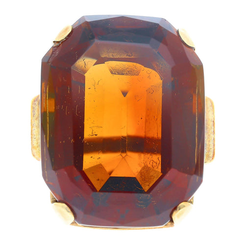 98.96 Carat Emerald Cut Citrine in 14K Yellow Gold Retro Ring