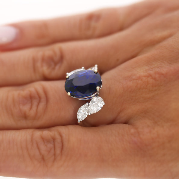 9.5 Carat No Heat Blue Sapphire and Pear Diamond Wing Ring