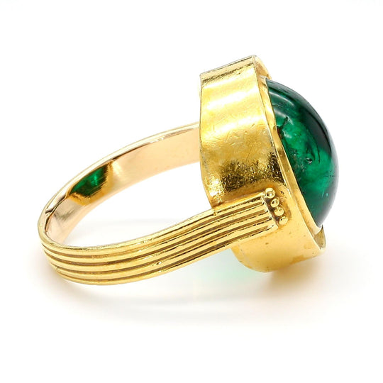 AGL Cert. 10ct Colombian Emerald Cabochon Bezel Gold Egyptian Revival Ring