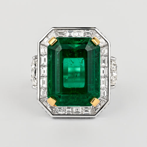 AGL Certified 15.78 Carat No Oil Emerald and Half Moon Cut Diamond Ring