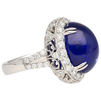 AGL Certified 16.68 Carat Cabochon Cut Ceylon Blue Sapphire Ring with Diamond Halo and Filigree Set 18K White Gold – Assay Jewelers