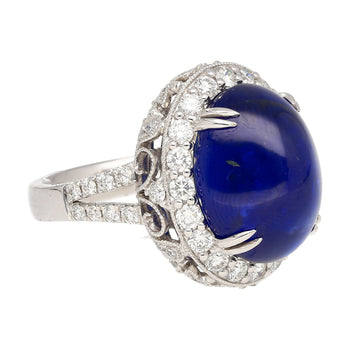AGL Certified 16.68 Carat Cabochon Cut Ceylon Blue Sapphire Ring with Diamond Halo and Filigree Set 18K White Gold – Assay Jewelers