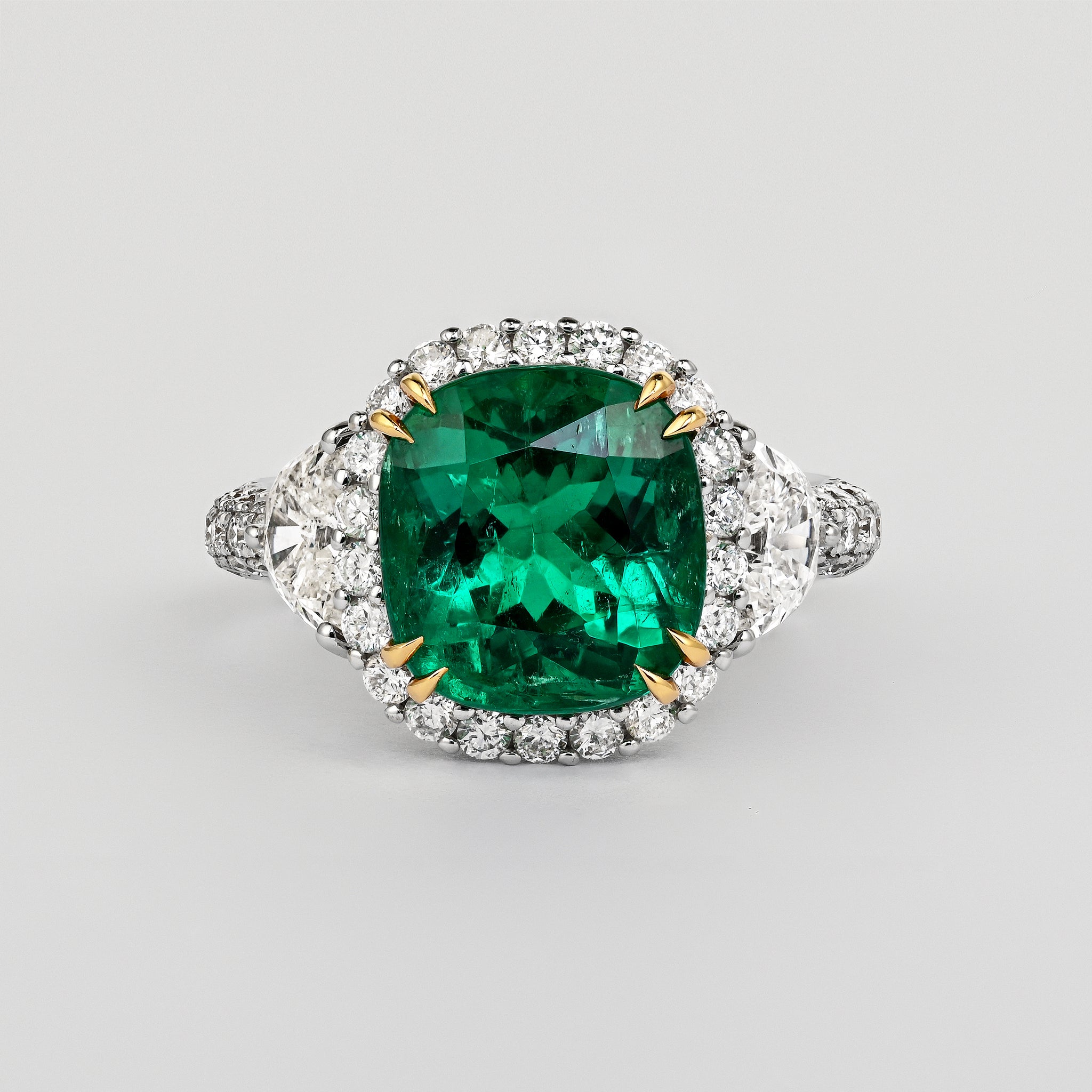 AGL Certified 3.52ct Cushion Colombian Emerald Half Moon Diamond Ring