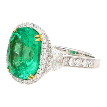 Bague AGL certifiée en émeraude colombienne taille Coussin de 7,36 carats, sans huile, avec diamants taille demi-lune – Assay Jewelers