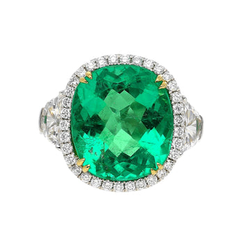 AGL certifiée, émeraude colombienne 7,36 carats sans huile taille Coussin et diamants taille demi-lune, Bague – Assay Jewelers
