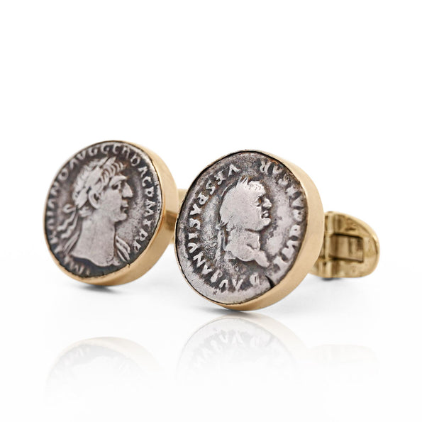 Ancient Roman Coin Cufflinks Of Vespasian and Maiorianus in 14k Gold Frame