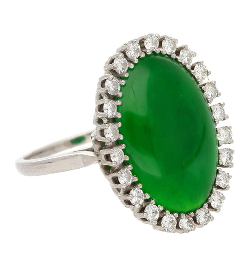 Antique Jadeite Jade & Diamond Halo Platinum 900 Statement Ring