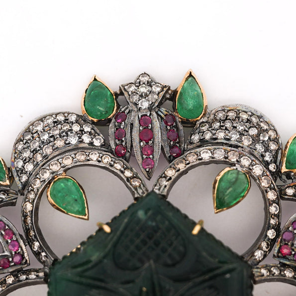 Antique Victorian Carved Jade, Emerald, Ruby, Diamond Gold Pendant or Brooch