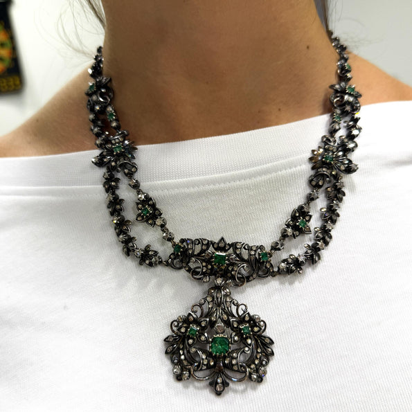 Antique Victorian Emerald Rose Cut Diamond Silver/Gold Parure Suite Necklace