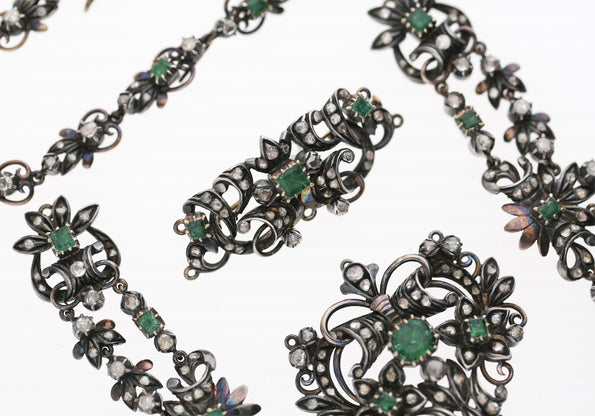 Antique Victorian Emerald Rose Cut Diamond Silver/Gold Parure Suite Necklace
