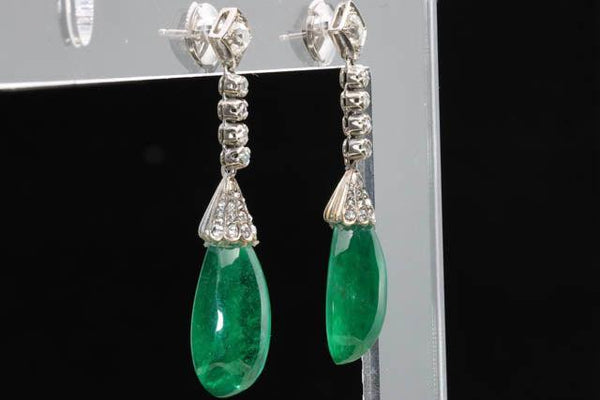 Art Deco Era 21 Carat Cabochon Pear Shape Emerald Drop Earrings | Circa 1940