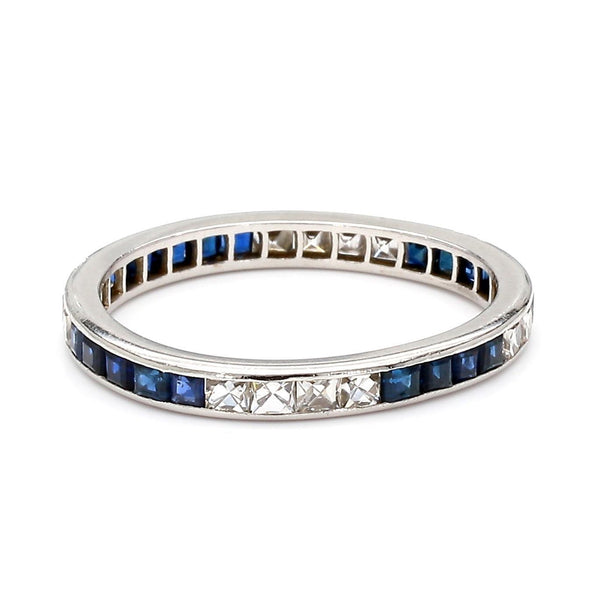Art Deco French Cut Diamond & Sapphire Platinum Full Eternity Wedding Band Ring