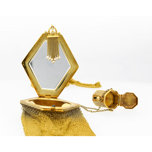 Art Deco Gold Mesh Makeup Purse with Mirror & Rouge Lipstick Holder