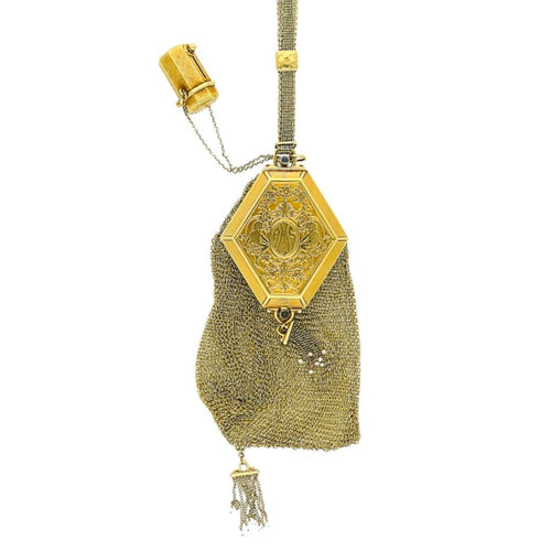 Art Deco Gold Mesh Makeup Purse with Mirror & Rouge Lipstick Holder