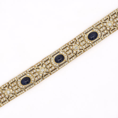 Art Deco Style 12 Carat Cabochon Sapphire & Diamond 18K Gold Bracelet