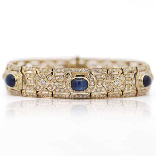 Art Deco Style 12 Carat Cabochon Sapphire & Diamond 18K Gold Bracelet