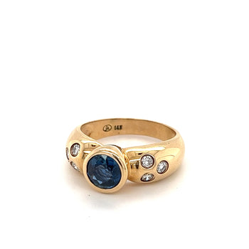 Bezel Set Blue Sapphire and Diamond Ring in 14k Yellow Gold – Assay Jewelers