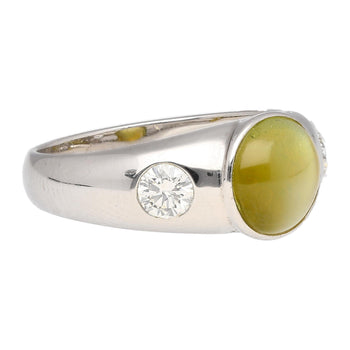 Bezel Set Chrysoberyl Cat's Eye and Diamond Three Stone Ring in 18K White Gold – Assay Jewelers