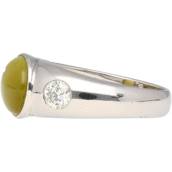 Bezel Set Chrysoberyl Cat's Eye and Diamond Three Stone Ring in 18K White Gold – Assay Jewelers