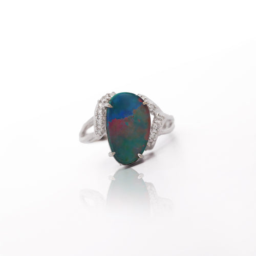 Black Opal Doublet & Diamond Pave Shoulder 14K White Gold Statement Ring