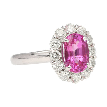 Bague halo en or blanc 18k avec saphir rose ovale certifié CGTL de 3,96 carats et diamants – Assay Jewelers