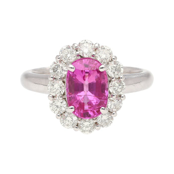 Bague halo en or blanc 18k avec saphir rose ovale certifié CGTL de 3,96 carats et diamants – Assay Jewelers