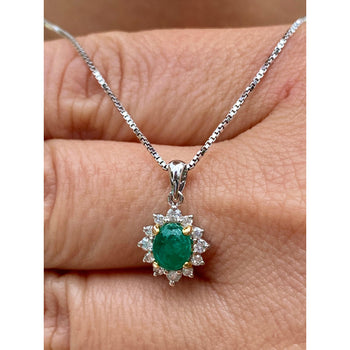 Cabochon Cut Emerald and Diamond pendant in 18k white gold floral/star design – Assay Jewelers