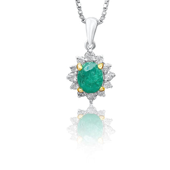 Cabochon Cut Emerald and Diamond pendant in 18k white gold floral/star design – Assay Jewelers