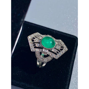 Bague en émeraude naturelle taille cabochon, serti style Anciens en or blanc inspiré Art déco – Assay Jewelers