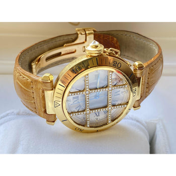 Cartier 36mm Pasha Men's Watch with Diamond Cage and Brown Leather Strap – Assay Jewelers