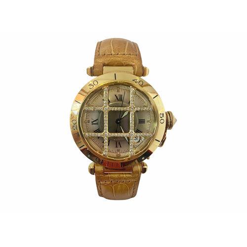 Cartier 36mm Pasha Men's Watch with Diamond Cage and Brown Leather Strap