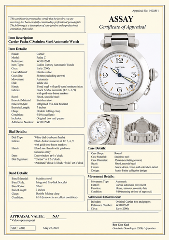 Cartier Pasha C W31015M7, montre automatique en acier 35 mm, cadran blanc, ensemble complet – Assay Jewelers