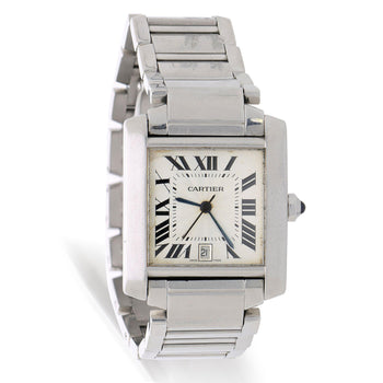 Cartier Tank Francaise 2302 Large Steel Guilloche Roman Dial Blue Hands Watch – Assay Jewelers