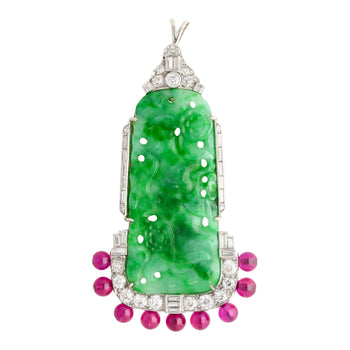 Carved Jadeite Jade & Diamond Pin and Synthetic Dangling Ruby Bead Platinum Pin – Assay Jewelers