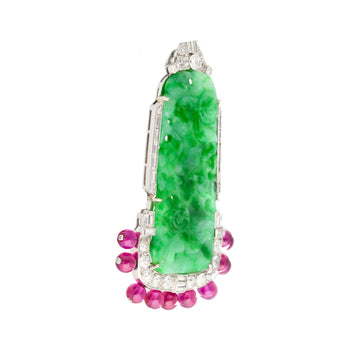 Carved Jadeite Jade & Diamond Pin and Synthetic Dangling Ruby Bead Platinum Pin – Assay Jewelers